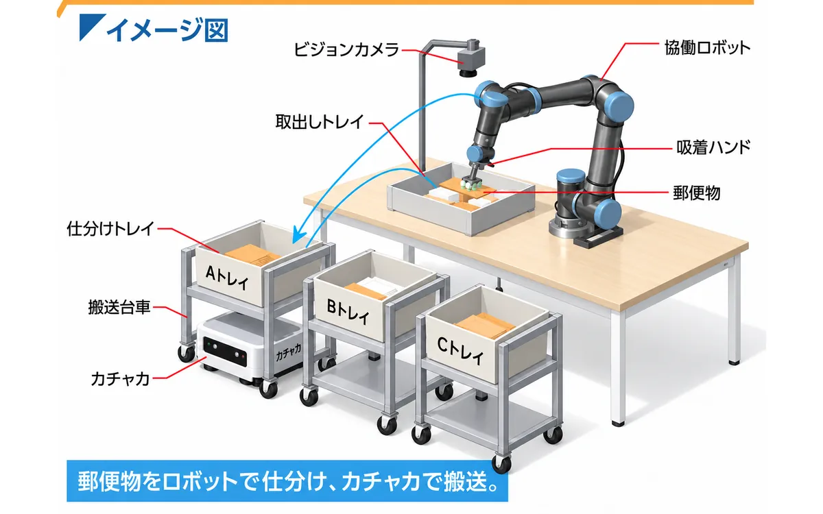 小型AMR×協働ロボットによる社内書類の仕分け搬送システムのイメージ図